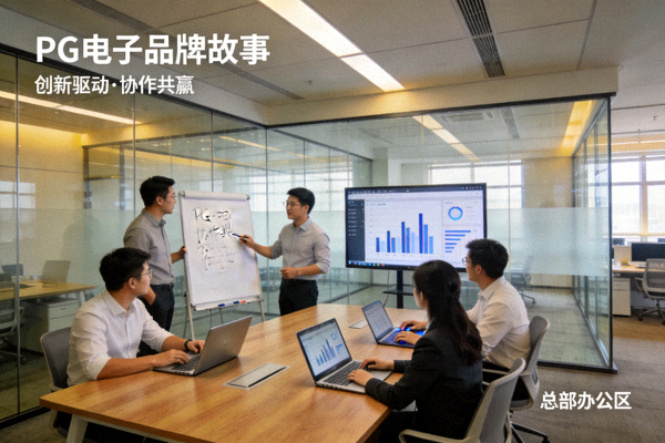 PG电子品牌故事展示图，呈现公司总部办公环境与团队协作场景
